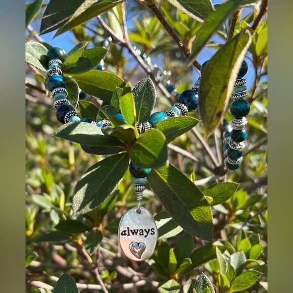 Blue Tigers Eye and Silver Necklace and Earrings Set Handmade - Picture 3 of 16